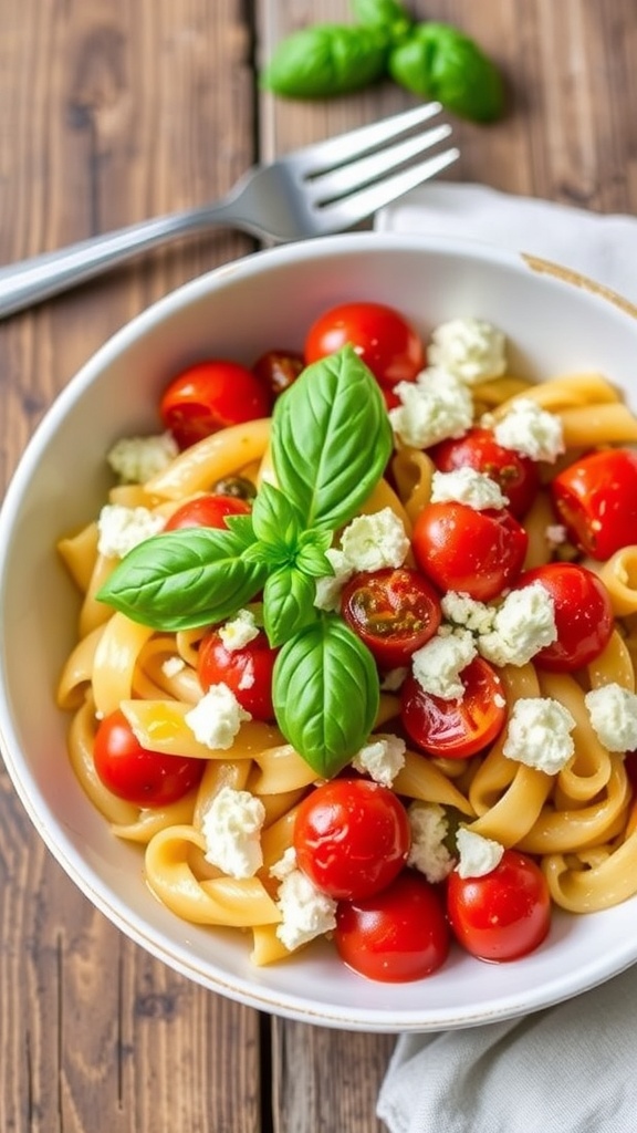 A bowl of Mediterranean feta pasta with cherry tomatoes and basil on a rustic table.